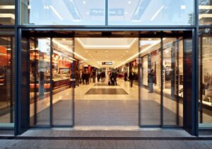 Modern automatic aluminium glass door installed on a mall entrance.